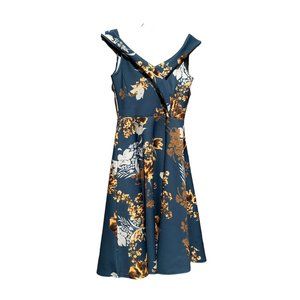 Boohoo Night Womens Teal Gold Floral Off Shoulder Fit And Flare Dress size 6